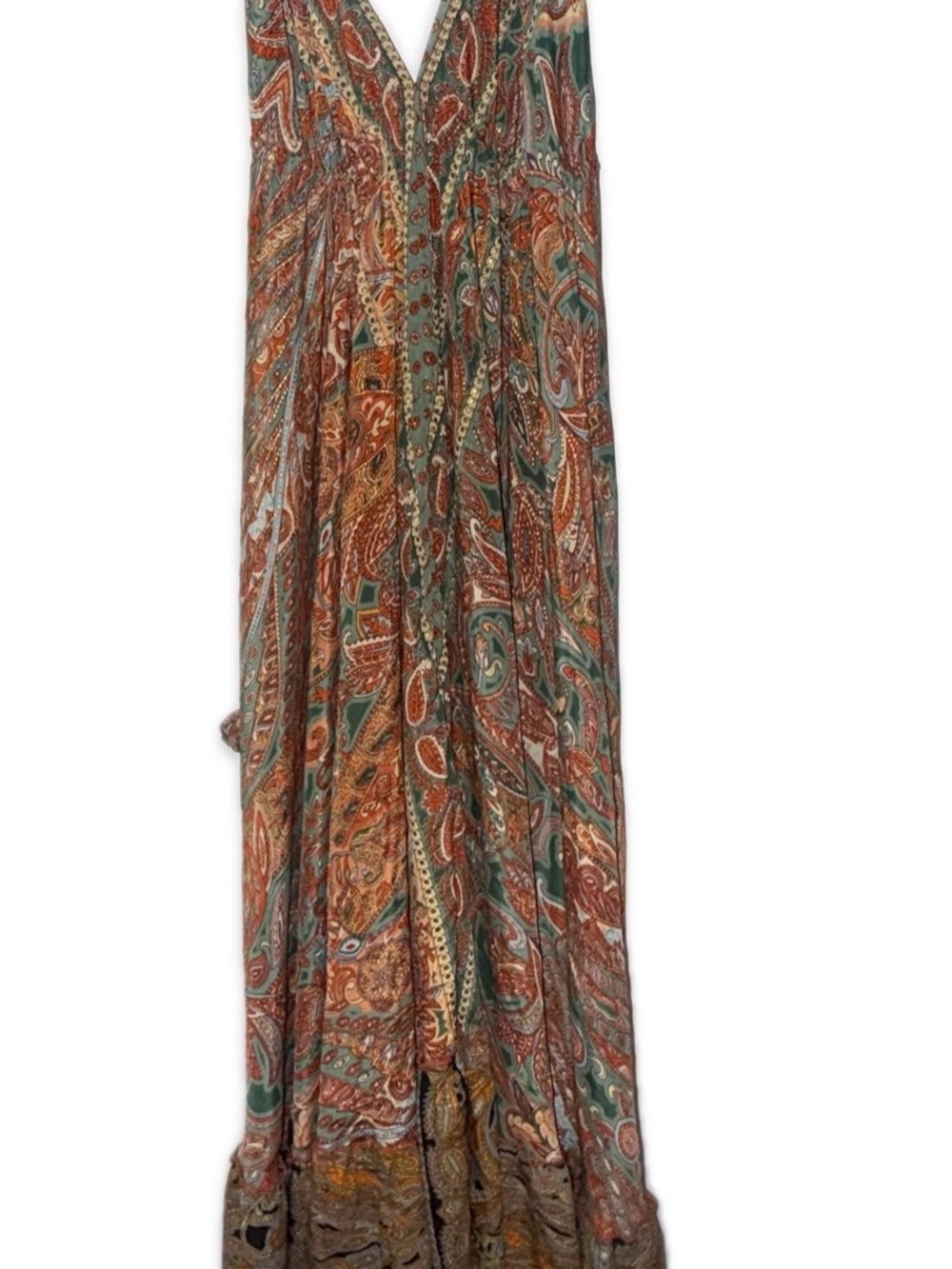 Backless Paisley Maxi Dress in Teal and Rust Beach Glam | Beach Bohemian